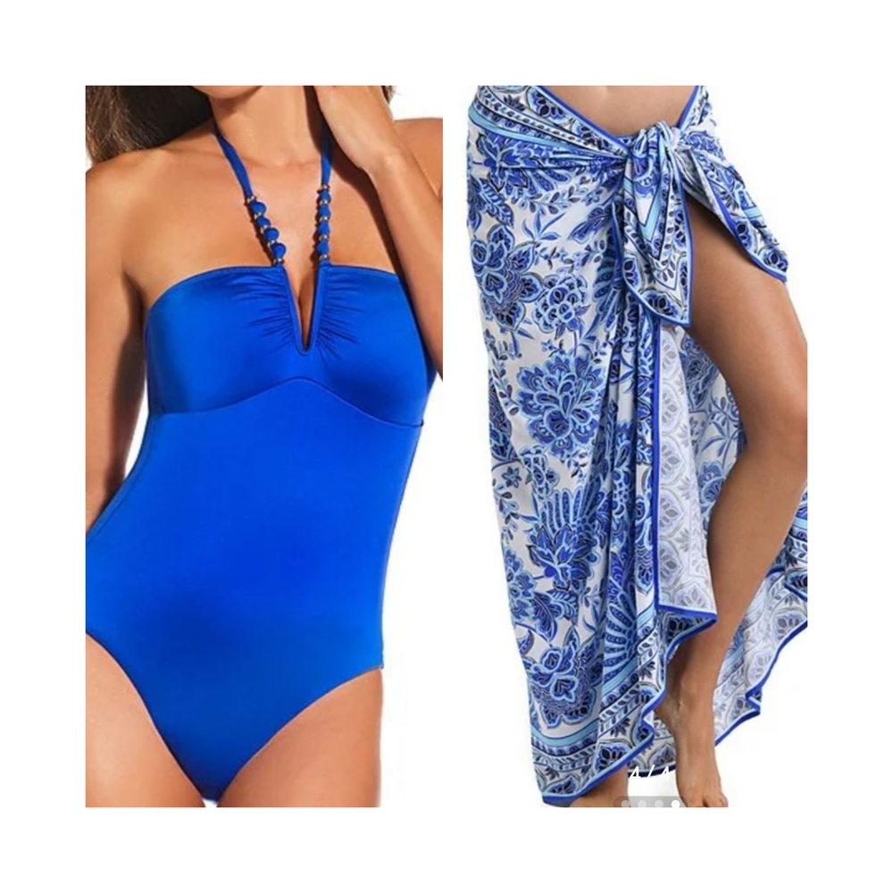 Gibson Latimer Blue One Piece Swimsuit with Floral Sarong